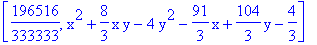 [196516/333333, x^2+8/3*x*y-4*y^2-91/3*x+104/3*y-4/3]